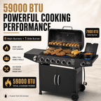 6-Burner Propane Gas Grill with Side Burner, 59000 BTU Outdoor BBQ Grill with Porcelain-Enameled Grates, Warming Rack, Side Tables, Bottle Opener, Thermometer and Wheels for Patio Backyard Cooking