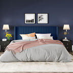 Allewie Full Size Velvet Bed Frame Vertical Channel Tufted Wingback Headboard Upholstered Bed