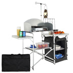 KFFKFF Portable Camp Kitchen, Collapsible Outdoor Chef Station with Storage Bag, Metal Prep Area, Single Cabinet & Removable Wind Guard, Easy Assembly for Camping, Barbecues, RV Trips, Black