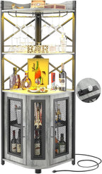 Corner bar cabinet with power socket, industrial style wine cabinet with LED light strip and glass rack, home five-layer wine cabinet bar unit, small space corner display cabinet