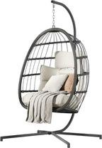 HWB Hanging Egg Chair with Stand Patio Wicker Hammock Egg Swing Chair Cushion for Bedroom