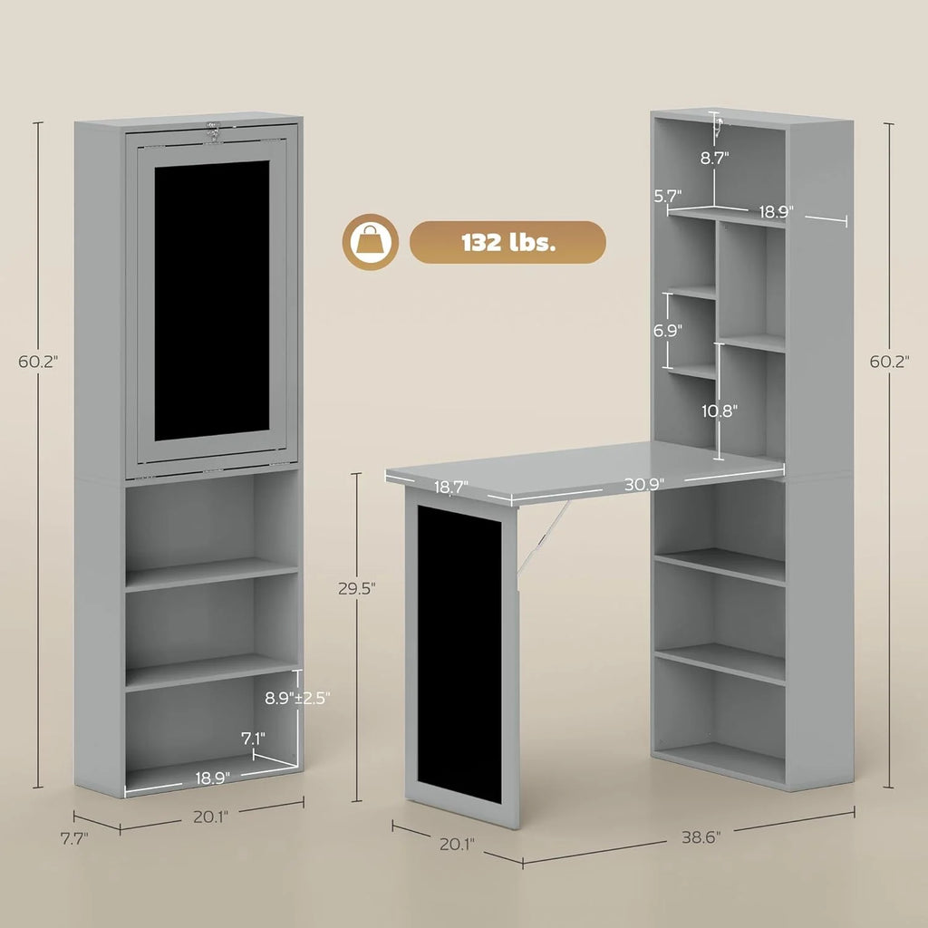 Folding convertible writing desk, wall mounted desk cabinet, multifunctional home office workstation