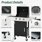 Enyopro 3-Burner Propane Gas Grill, 30000 BTU BBQ Grill with Foldable Side Table, Stainless Steel Warming Rack, Hooks, and Built-In Bottle Opener for Outdoor Barbecue
