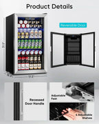 Beverage Refrigerator Cooler 126 Can Mini Fridge Glass Door for Drinks Soda Beer Wine Refrigerator