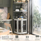 Corner bar cabinet with power socket, industrial style wine cabinet with LED light strip and glass rack, home five-layer wine cabinet bar unit, small space corner display cabinet