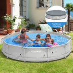 Costway Round Above Ground Swimming Pool Patio Frame Pool W/ Pool Cover Iron Frame Blue
