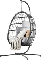 HWB Hanging Egg Chair with Stand Patio Wicker Hammock Egg Swing Chair Cushion for Bedroom