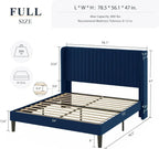 Allewie Full Size Velvet Bed Frame Vertical Channel Tufted Wingback Headboard Upholstered Bed