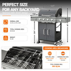 3-Burner Gas Grill with Side Burner, 40,500 BTU Propane BBQ Grill with Porcelain-Enameled Cast Iron Grates, Built-in Thermometer, Ideal for Patio Camping Outdoor Cooking
