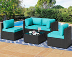Shintenchi 5 Pieces Outdoor Patio Sectional Sofa Couch, PE Wicker Furniture Sets, Patio Conversation Sets with Washable Cushions Glass Coffee Table for Garden, Poolside, Backyard, Aegean Blue