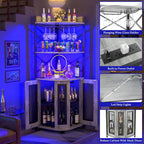 Corner bar cabinet with power socket, industrial style wine cabinet with LED light strip and glass rack, home five-layer wine cabinet bar unit, small space corner display cabinet