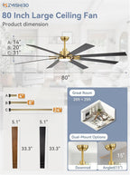 ZMISHIBO 72 inch Large Ceiling Fans with Lights and Remote, Indoor/Outdoor Black Modern Ceiling Fan for Kitchen Living Room Patio, 6 Speed Reversible Quiet DC Motor, 3 CCT, Dual Finish 8 Blades