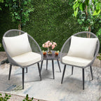 3 Piece Bistro Set Woven Rope Chair with Cushions All Weather Patio Conversation Set Side Table