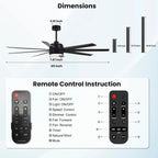 Modern Ceiling Fans with Lights, 72 Inch Ceiling Fan with Light and Remote, Bedroom Living Room Library Cafe Outdoor/Industrial,24W 3CCT Dimmable, 8 Blades 6 Speed Reversible Quiet DC Motor, Black