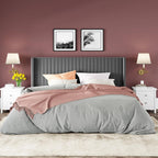 Allewie Full Size Velvet Bed Frame Vertical Channel Tufted Wingback Headboard Upholstered Bed