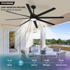 Modern Ceiling Fans with Lights, 72 Inch Ceiling Fan with Light and Remote, Bedroom Living Room Library Cafe Outdoor/Industrial,24W 3CCT Dimmable, 8 Blades 6 Speed Reversible Quiet DC Motor, Black