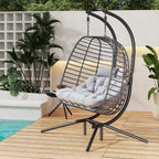 HWB Hanging Egg Chair with Stand Patio Wicker Hammock Egg Swing Chair Cushion for Bedroom