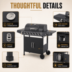 6-Burner Propane Gas Grill with Side Burner, 59000 BTU Outdoor BBQ Grill with Porcelain-Enameled Grates, Warming Rack, Side Tables, Bottle Opener, Thermometer and Wheels for Patio Backyard Cooking
