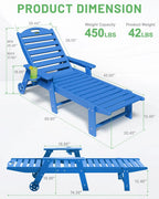 Lounge Chair Outdoor, Chaise Lounge, HDPE 6-Position Outdoor Chaise Lounge, Patio Lounge Chair with Wheels & Cup Holder for Pool Poolside Deck Backyard, Teak