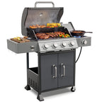 3-Burner Gas Grill with Side Burner, 40,500 BTU Propane BBQ Grill with Porcelain-Enameled Cast Iron Grates, Built-in Thermometer, Ideal for Patio Camping Outdoor Cooking