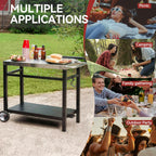 Royal Gourmet Dining Cart Table with Double-Shelf, Movable Stainless Steel Flattop Grill Cart, Hooks, Side Handle, Multifunctional PC3401B (Black)