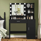 Quimoo Vanity Desk with Mirror & Lights, Makeup Vanity with 5 Drawers & Storage Shelves