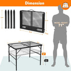 3FT Camping Folding Table with Adjustable Height(16.5/26), Black Metal Mesh Table with Carry Handle, Lightweight Portable Folding Grill Table for Camping Tailgating BBQ Picnic Indoor, up to 66 lbs