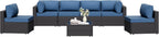 Shintenchi 5 Pieces Outdoor Patio Sectional Sofa Couch, PE Wicker Furniture Sets, Patio Conversation Sets with Washable Cushions Glass Coffee Table for Garden, Poolside, Backyard, Aegean Blue