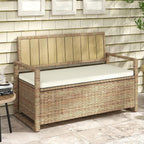 DWVO 70Gal Outdoor Storage Bench with Cushion & Composite Wood Backrest, All-Weather Wicker Deck Bench with Rustproof Bag, Poolside, Patio, Garden (Sand Beige)