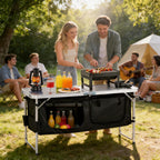 Acpouw 4 ft Folding Camping Table with Storage, Camping Kitchen Station, Aluminum Portable Folding Table Camp Cook Desk with Storage Organizer and 2 Adjustable feet, White