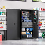 Yizosh Metal Garage Storage Cabinet with Locking Doors and 2 Drawers, Heavy Duty Steel Tool Cabinet with Pegboard, 71 - Lockable Cabinets for Garage, Warehouse, Basement (Black)