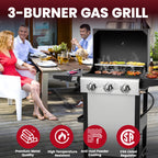 Enyopro 3-Burner Propane Gas Grill, 30000 BTU BBQ Grill with Foldable Side Table, Stainless Steel Warming Rack, Hooks, and Built-In Bottle Opener for Outdoor Barbecue