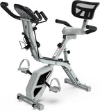 pooboo Folding Exercise Bike, Foldable Fitness Stationary Bike Machine, Upright Indoor Cycling Bike, Magnetic X-Bike with 8-Level Adjustable Resistance, Bottle Holder & Back Support Cushion for Home Gym Workout
