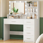 Quimoo Vanity Desk with Mirror & Lights, Makeup Vanity with 5 Drawers & Storage Shelves