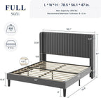 Allewie Full Size Velvet Bed Frame Vertical Channel Tufted Wingback Headboard Upholstered Bed