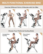 pooboo Folding Exercise Bike, Foldable Fitness Stationary Bike Machine, Upright Indoor Cycling Bike, Magnetic X-Bike with 8-Level Adjustable Resistance, Bottle Holder & Back Support Cushion for Home Gym Workout