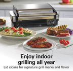 Electric Indoor Searing Grill with Viewing Window & Adjustable Temperature Control to 450F, 118 sq. in. Surface Serves 6, PFAS-Free Removable Nonstick Grate, Stainless Steel