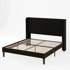 Allewie Full Size Velvet Bed Frame Vertical Channel Tufted Wingback Headboard Upholstered Bed