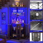 Corner bar cabinet with power socket, industrial style wine cabinet with LED light strip and glass rack, home five-layer wine cabinet bar unit, small space corner display cabinet