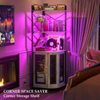 Corner bar cabinet with power socket, industrial style wine cabinet with LED light strip and glass rack, home five-layer wine cabinet bar unit, small space corner display cabinet