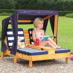 KidKraft Wooden Outdoor Double Chaise Lounge with Cup Holders, Kid's Patio Furniture, Honey with Navy and White Striped Fabric, Gift for Ages 3-8