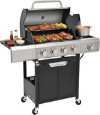 4-Burner Propane Gas Grill with Side Burner, 46,500 BTU Output Stainless Steel Grill