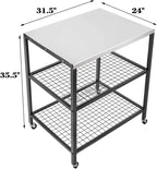 Stainless Steel Outdoor Grill Cart Pizza Oven Stand Trolley Table with Wheels Three-Shelf Movable Food Prep and Work Table Heavy Duty Grill Carts Outdoor Cart 31.5×24×35.5