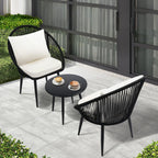 3 Piece Bistro Set Woven Rope Chair with Cushions All Weather Patio Conversation Set Side Table