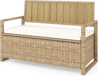 DWVO 70Gal Outdoor Storage Bench with Cushion & Composite Wood Backrest, All-Weather Wicker Deck Bench with Rustproof Bag, Poolside, Patio, Garden (Sand Beige)