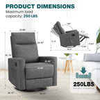 Swivel Rocking Recliner Chair with Extra Large Footrest High Back, Upholstered Glider Nursery Chair for Living Room, Bedroom & Nursery, Comfortable Deep Seat for Relaxation, Grey