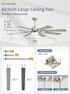 ZMISHIBO 72 inch Large Ceiling Fans with Lights and Remote, Indoor/Outdoor Black Modern Ceiling Fan for Kitchen Living Room Patio, 6 Speed Reversible Quiet DC Motor, 3 CCT, Dual Finish 8 Blades