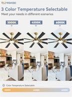 ZMISHIBO 72 inch Large Ceiling Fans with Lights and Remote, Indoor/Outdoor Black Modern Ceiling Fan for Kitchen Living Room Patio, 6 Speed Reversible Quiet DC Motor, 3 CCT, Dual Finish 8 Blades
