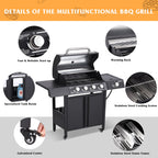 Haverchair 4-Burner Gas Grill Propane with Side Burner 50,000 BTU Outdoor BBQ Propane Gas Grill Cart Barbecue Grill for Patio Garden Picnic Backyard Cooking Camping,Black