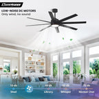 Modern Ceiling Fans with Lights, 72 Inch Ceiling Fan with Light and Remote, Bedroom Living Room Library Cafe Outdoor/Industrial,24W 3CCT Dimmable, 8 Blades 6 Speed Reversible Quiet DC Motor, Black